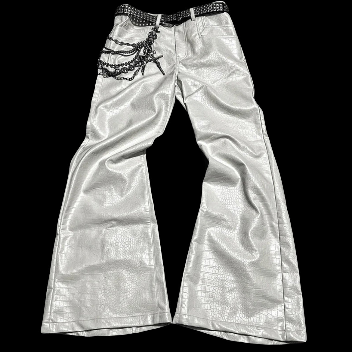 WHITE LEATHER FLARED JEANS
